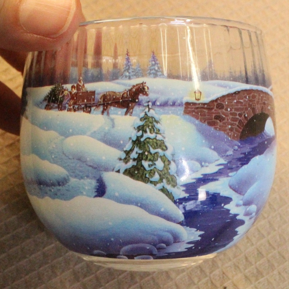 Glade Winter Sleigh Scene Glass Votive Candle Holder Blue White Holiday Decor